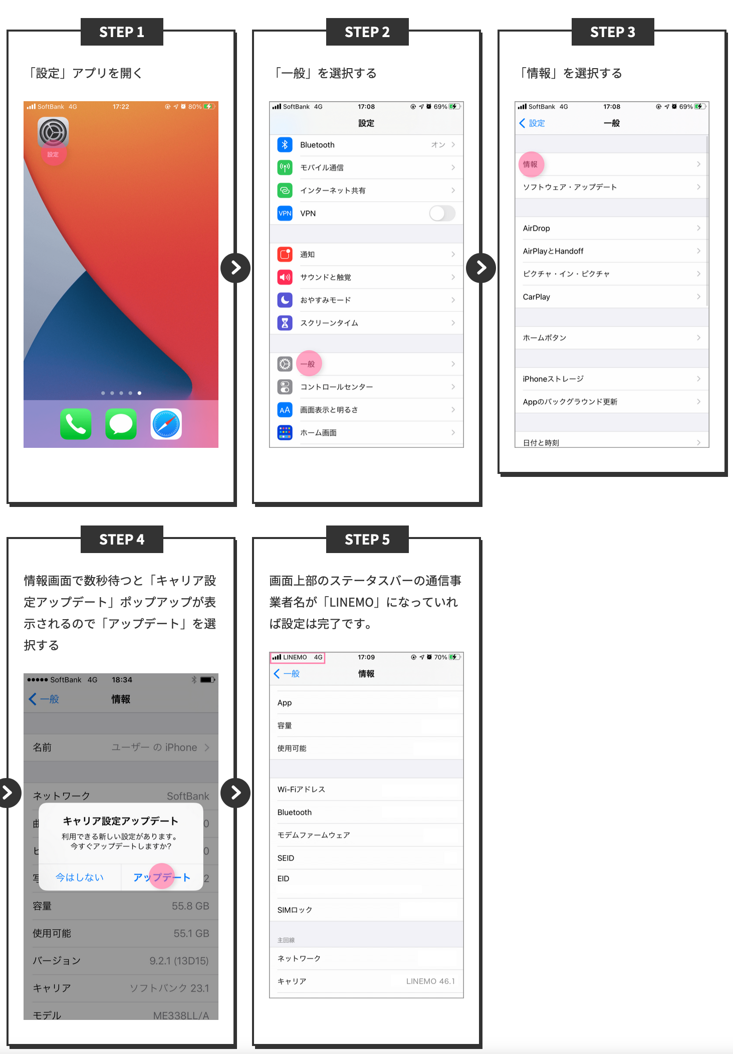 【全図解】LINEMOのSIMカードが届いてからの利用開始手続き・APN設定 carrier-update-iphone